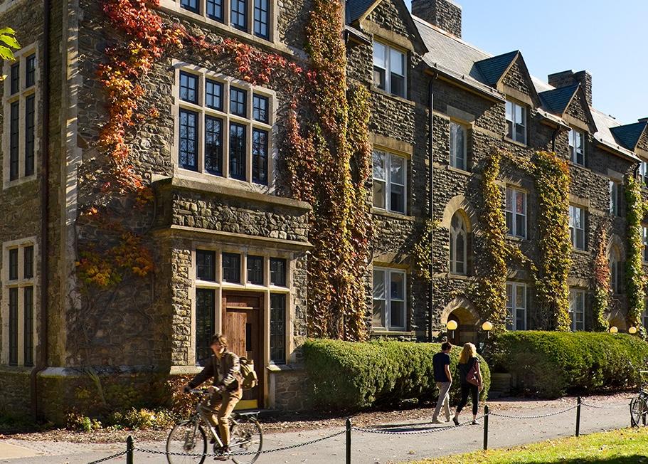 A campus building at sunset